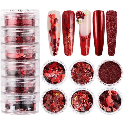 GV159 THR3E STROKES Red Christmas Nail Art Glitters Sequins, Winter Heart Nail Glitters Kit, Mixed 3D Holographic Christmas Love Shape Powder Nail Designs, Decoration Supplies for Women Manicure (6 Jars) D50