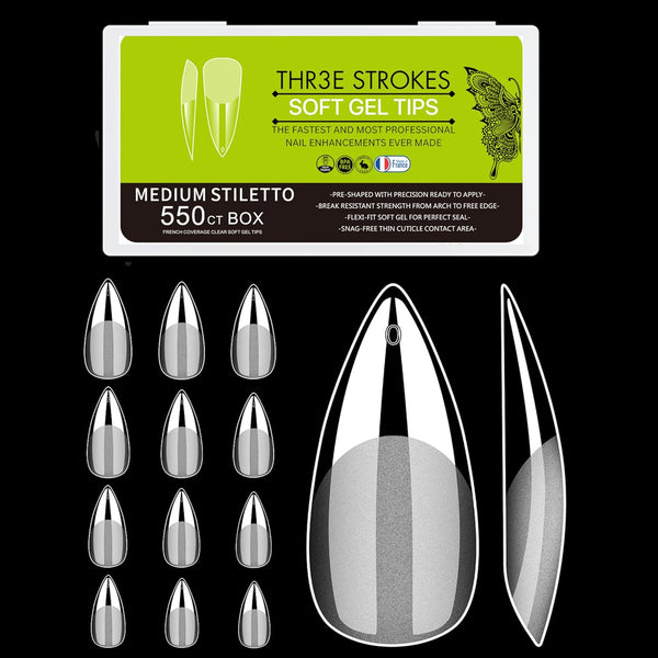 GV31 THR3E STROKES Soft Gel Nail Tips, Full Cover Clear Soft Nail Tips for Artificial False Nails Extension Nail Salons DIY Nail Art with Box, 550PCS (MEDIUM STILLETO P5)