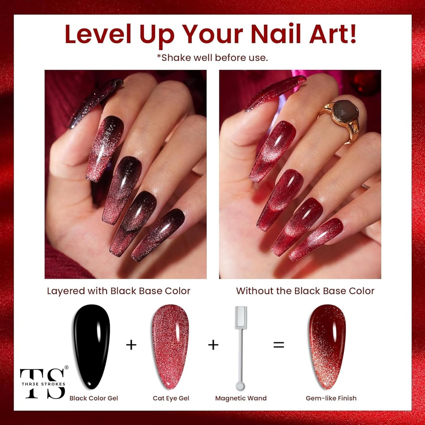 GV38 THR3E STROKES Cat Eye Gel Nail Polish Set 6 Colors, Glitter Red Shiny Brown Burgundy Purple Blue Green Magnetic Effect Sparkle Stunning Nail Gel Polish Gifts for Women, 2024 Limited Colors CLUSTER X