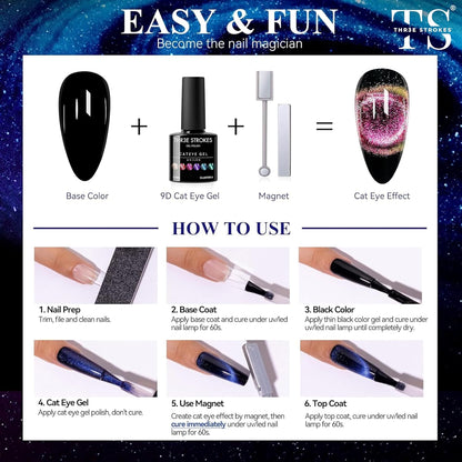 GV41 THR3E STROKES 9D Cat Eye Gel Nail Polish Set, Magnetic Gel Polish 7.5 ml 6 Colors with , Chameleon Galaxy Shiny Magic Effect Cateye Nail Gel Soak off Nail Art Gift for Women COMET 69