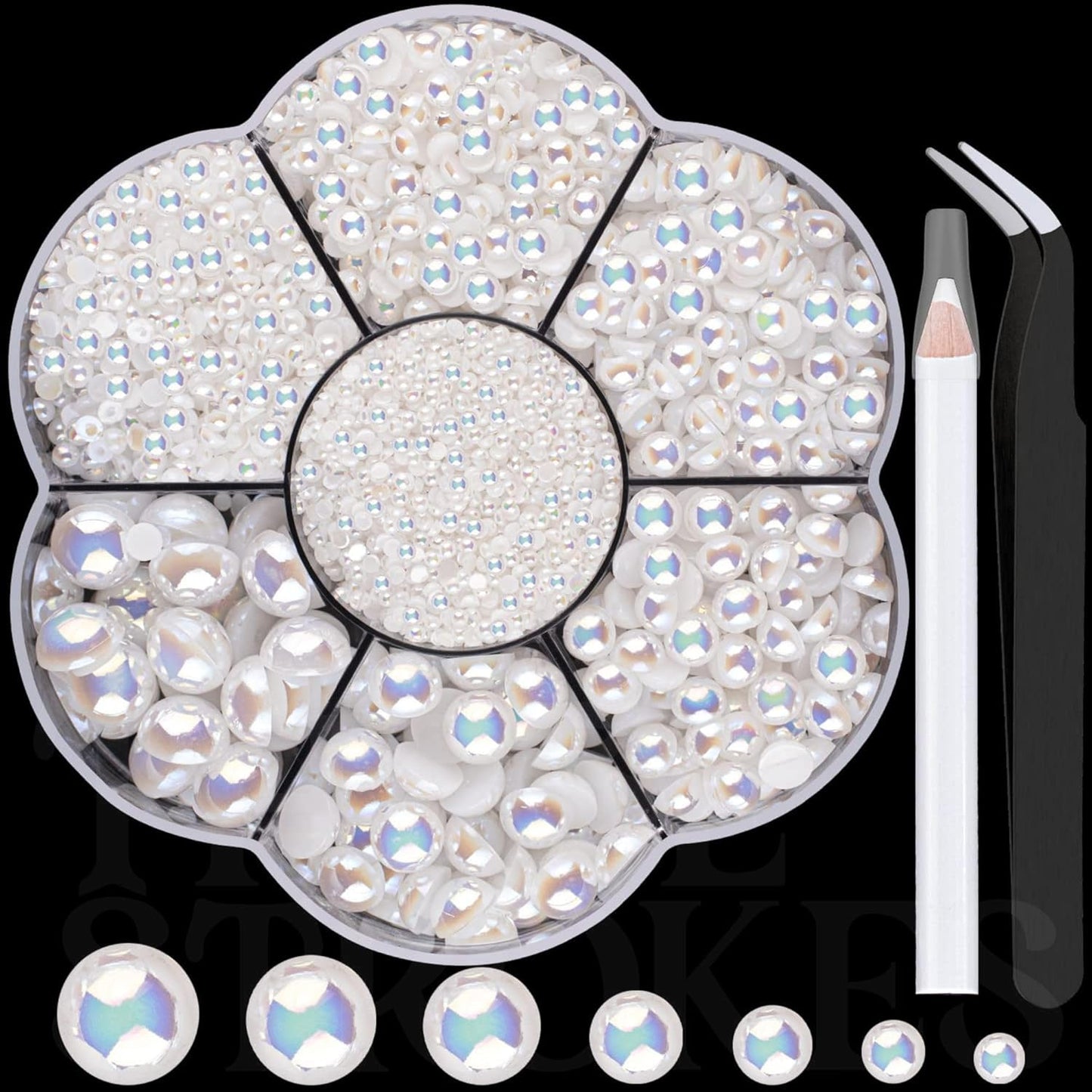 GV155 THR3E STROKES 5600 Pcs Nail Art Flat Back Half Round Pearl Kits 1, 1 Box of Flat-Back White AB Pearl with Tweezer and Picker Pencil for Home DIY Nails Body Face Craft and Salon Use (2-10mm) (D56)