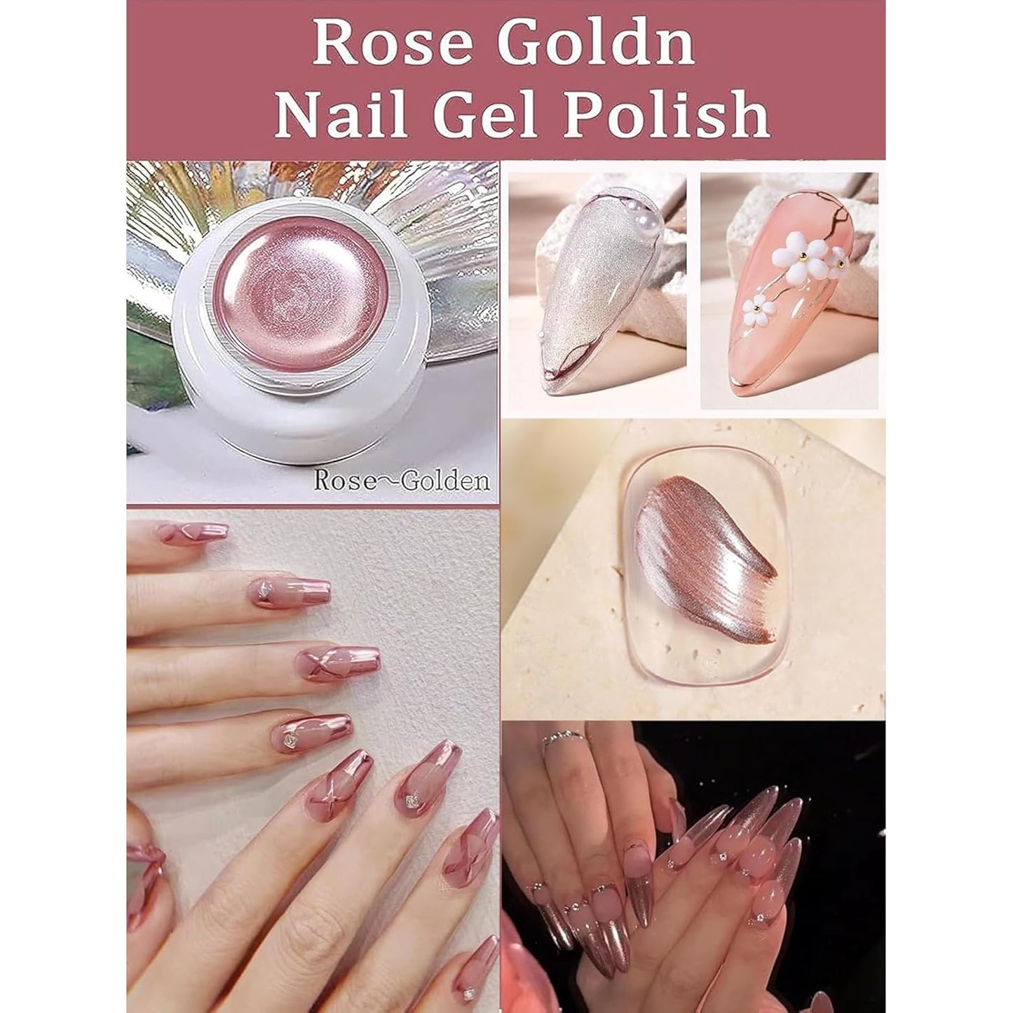 GV99 THR3E STROKES Chrome Gel Nail Polish, Metallic Gel Nail Polish, 8ml Rose Gold 3D Metal Painting Gel for Nail Art Soak off UV/LED Glossy Mirror Effect Nail Glue Gel for Home Salon DIY Manicure (ROSE GOLD)