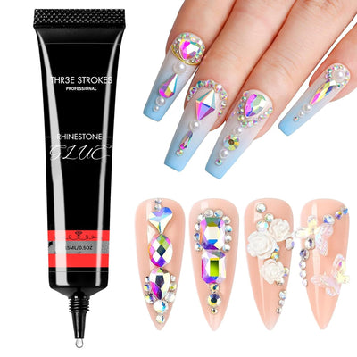 GV43 THR3E STROKES Nail Rhinestone Glue for Nails, Super Strong Gel Nail Glue for Nail Charm 3D Nails Bling Gel for Decoration Gem Nail Art Jewel Diamonds 15ML Cured Need Beauty Gift (UV REQUIRED)