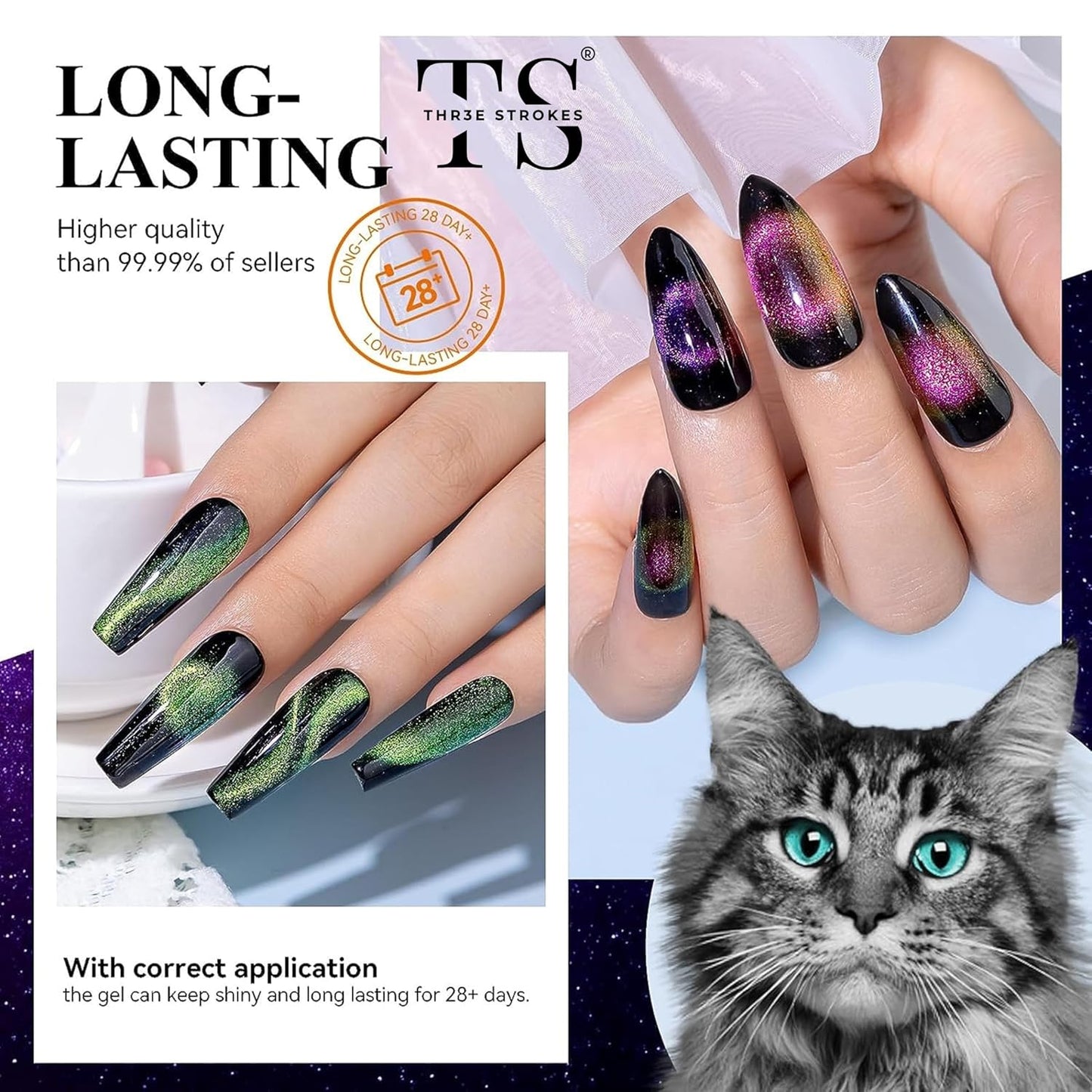 GV41 THR3E STROKES 9D Cat Eye Gel Nail Polish Set, Magnetic Gel Polish 7.5 ml 6 Colors with , Chameleon Galaxy Shiny Magic Effect Cateye Nail Gel Soak off Nail Art Gift for Women COMET 69