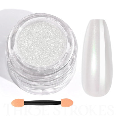 GV51 THR3E STROKES White Pearl Chrome Nail Powder - 1g Mirror Effect Chrome Powder for Gel Nails, Metallic Mermaid Chrome Nail Powder for Gel Polish, Pearl Nail Powder Glitter Dust Kit for Nail Art Decorations (WHITE PEARL)