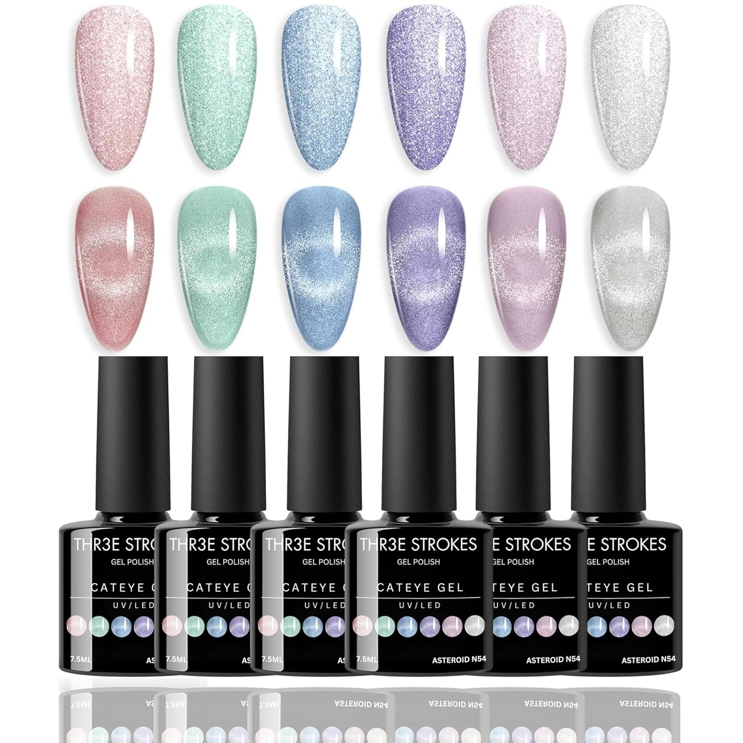 GV40 THR3E STROKES  Cat Eye Gel Nail Polish Moonlight 6 Colors Ceramic Magnetic Gel Polish Set with Magnet Stick Crystal Silver Champagne Pink Green Blue Purple Magnetic French Gel Nail Polish Kit Gift Set (ASTROID N54)