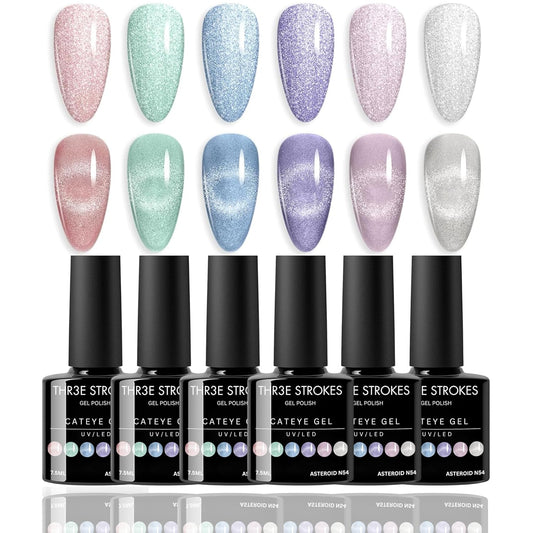 GV40 THR3E STROKES  Cat Eye Gel Nail Polish Moonlight 6 Colors Ceramic Magnetic Gel Polish Set with Magnet Stick Crystal Silver Champagne Pink Green Blue Purple Magnetic French Gel Nail Polish Kit Gift Set (ASTROID N54)