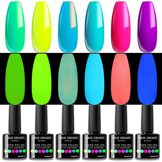 GV42 THR3E STROKES Gel Nail Polish Neon Gel Nail Polish Set Fluorescent Gel Polish Luminous Glow in Dark Gel Polish Orange Hot Pink Blue Yellow Green Purple Vibrant Spring Summer Gel Polish 7ML (UV/LED LIGHT REQUIRED)  neongd