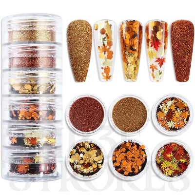 GV161 THR3E STROKES Golden Fall Nail Art Glitters Maple Leaf Nail Sequins,6 Jars of 3D Autumn Leaves Nail Glitter Flakes Decoration, Maple Leaves Nail Decals Designs for Women Manicure DIY (D48)