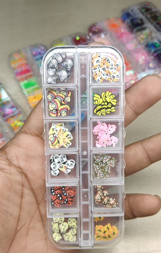 GV804 12-Grid Cute Fimo Nail Art Slice Set – Mixed Cartoon Fruits, Animals & Emoji Polymer Slices for DIY Nails & Crafts