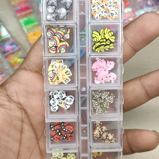 GV804 12-Grid Cute Fimo Nail Art Slice Set – Mixed Cartoon Fruits, Animals & Emoji Polymer Slices for DIY Nails & Crafts