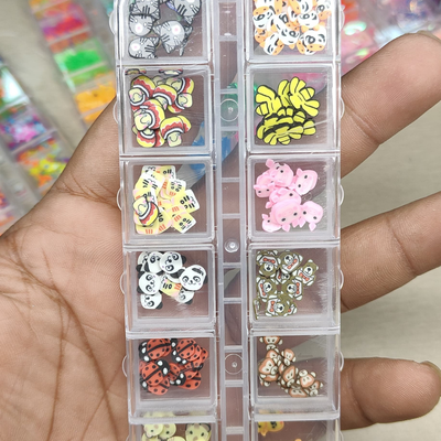 GV804 12-Grid Cute Fimo Nail Art Slice Set – Mixed Cartoon Fruits, Animals & Emoji Polymer Slices for DIY Nails & Crafts