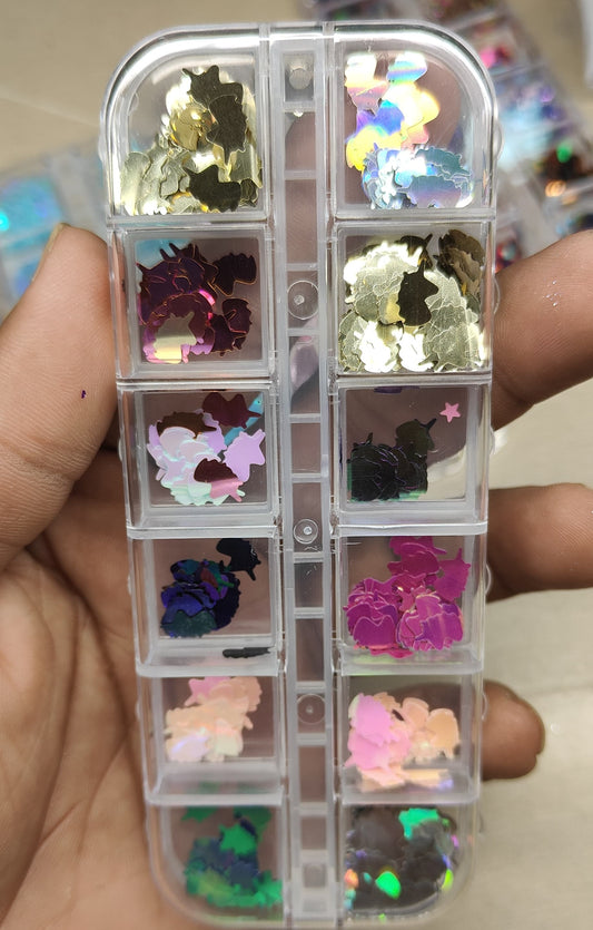 GV805 12-Color Holographic Bunny Shape Nail Art Sequins Box – Reflective Metallic Glitter Shapes