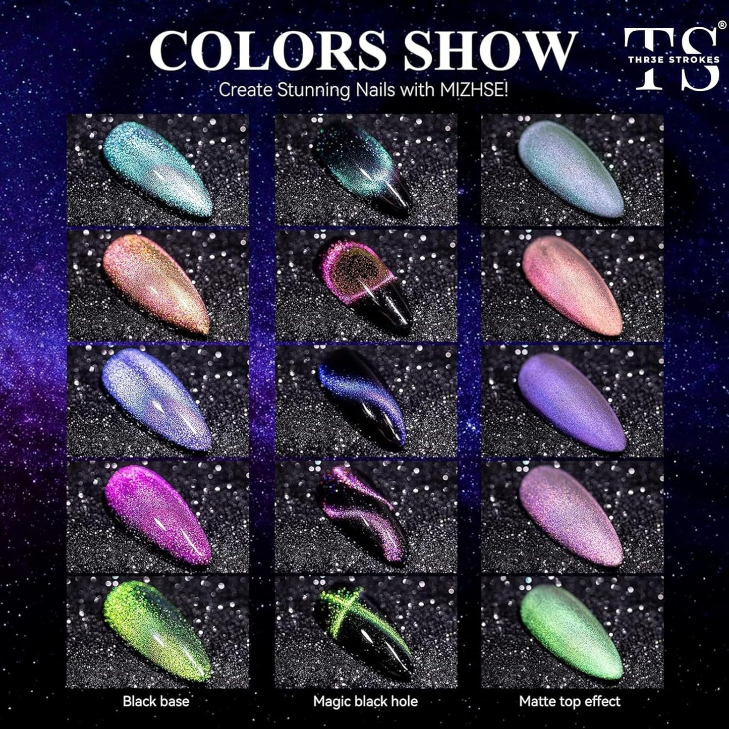 GV41 THR3E STROKES 9D Cat Eye Gel Nail Polish Set, Magnetic Gel Polish 7.5 ml 6 Colors with , Chameleon Galaxy Shiny Magic Effect Cateye Nail Gel Soak off Nail Art Gift for Women COMET 69