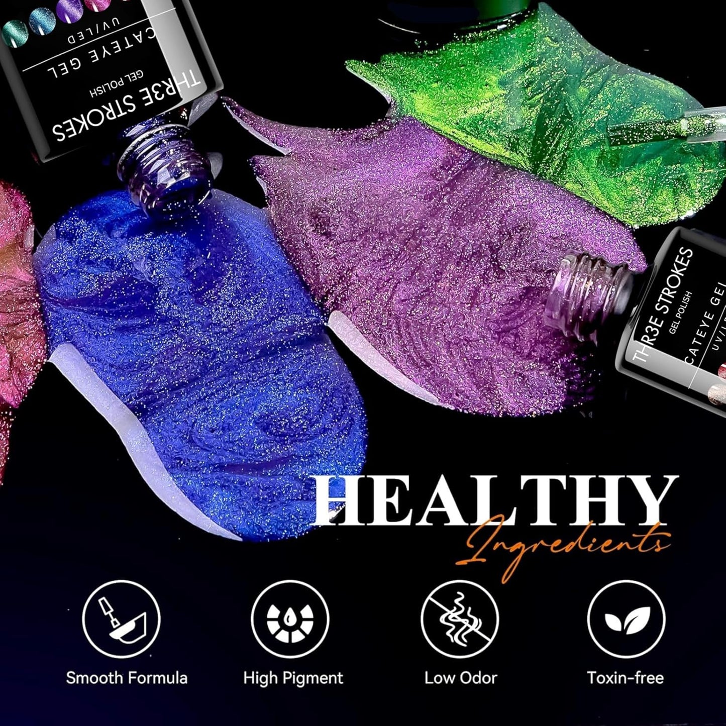GV41 THR3E STROKES 9D Cat Eye Gel Nail Polish Set, Magnetic Gel Polish 7.5 ml 6 Colors with , Chameleon Galaxy Shiny Magic Effect Cateye Nail Gel Soak off Nail Art Gift for Women COMET 69