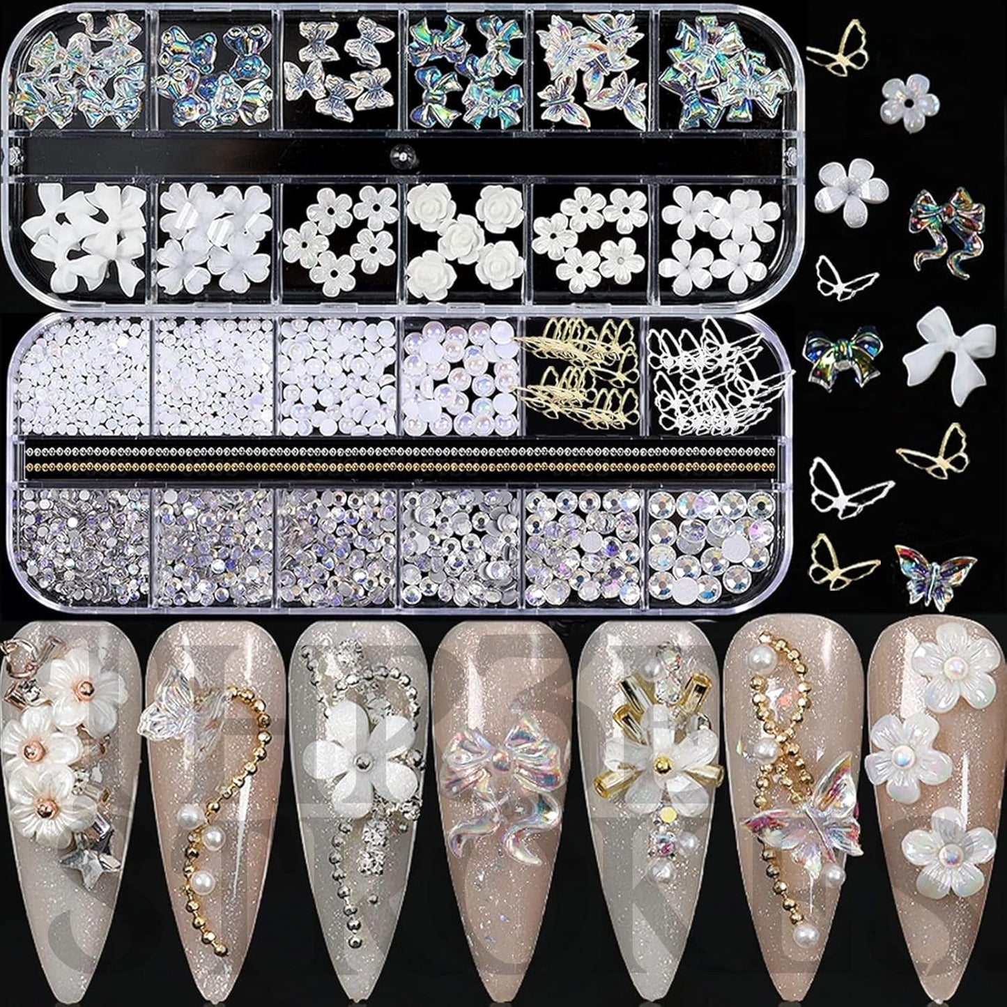 GV156 THR3E STROKES Acrylic Butterfly Flower Bear Nail Art Pendant Art, Multi-Shape Pearl Rhinestone Golden Metal Applique Jewelry Accessories Production (D54) (Butterfly ONLY 10CS)