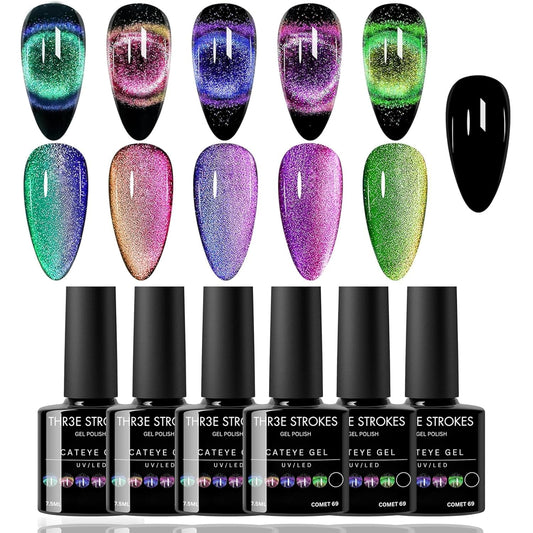 GV41 THR3E STROKES 9D Cat Eye Gel Nail Polish Set, Magnetic Gel Polish 7.5 ml 6 Colors with , Chameleon Galaxy Shiny Magic Effect Cateye Nail Gel Soak off Nail Art Gift for Women COMET 69