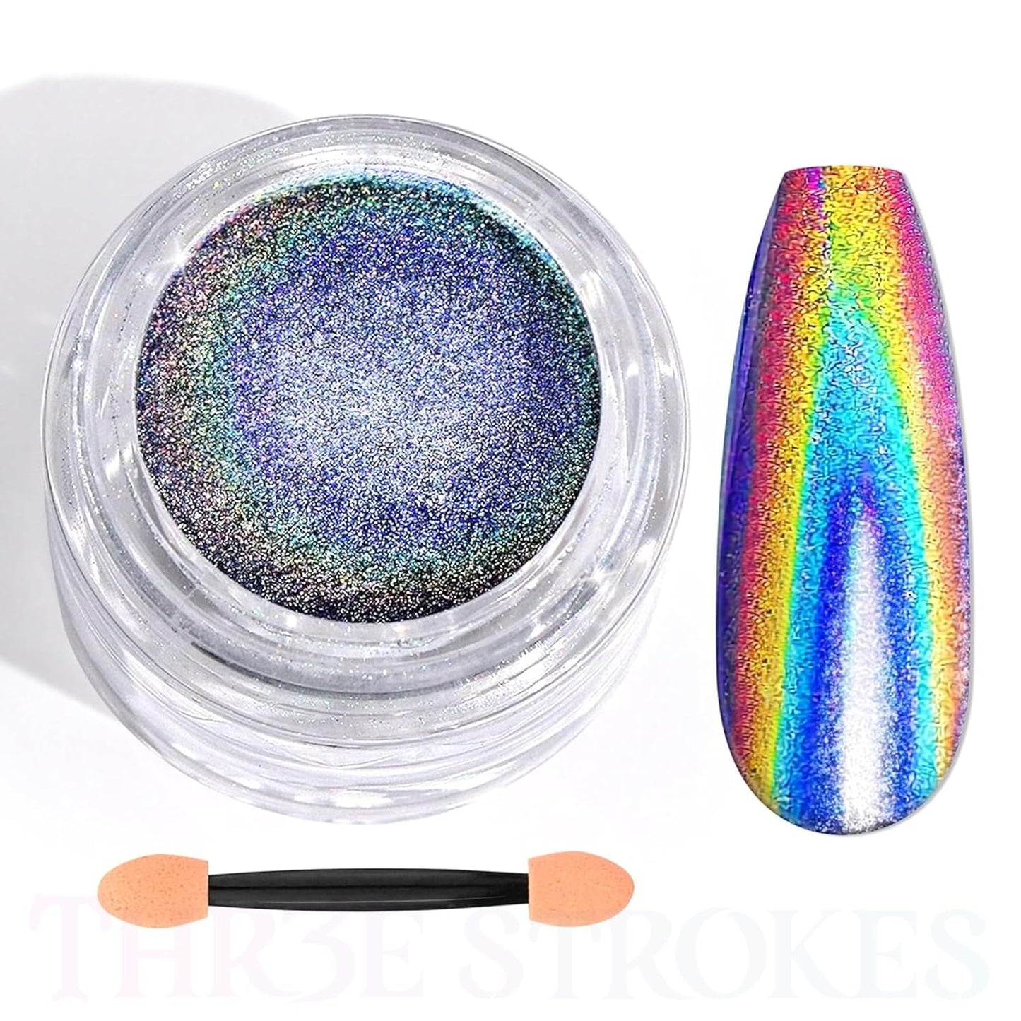 GV50 THR3E STROKES Holographic Chrome Nail Powder - 1g Mirror Laser Effect Holographic Chrome Powder for Gel Nails, Rainbow Holo Nail Glitter Dust Holographic Pigment Powder for Manicure Nail Art Decorations (Holographic Silver)