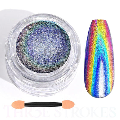 GV50 THR3E STROKES Holographic Chrome Nail Powder - 1g Mirror Laser Effect Holographic Chrome Powder for Gel Nails, Rainbow Holo Nail Glitter Dust Holographic Pigment Powder for Manicure Nail Art Decorations (Holographic Silver)