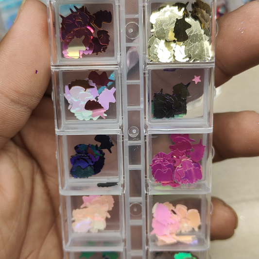 GV805 12-Color Holographic Bunny Shape Nail Art Sequins Box – Reflective Metallic Glitter Shapes