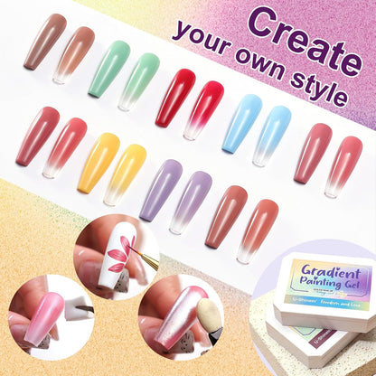 GV903 THR3E STROKES Ombre Gel Nail Polish with Nail Art Sponges for Pat Gel Ombre Color Palette Blush Effect Pat Painting Gradient Blooming Gels 9colors for Ombre Nails Multistyle French Manicure DIY