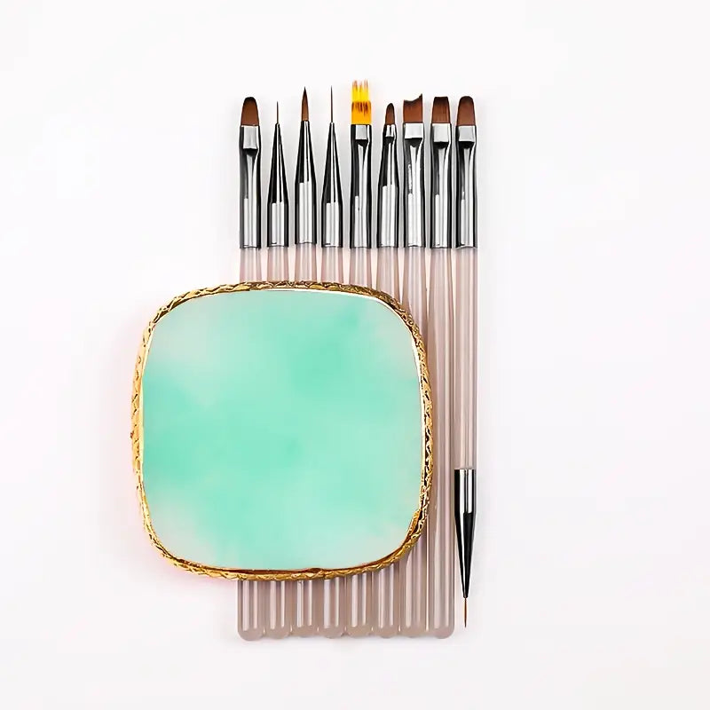 GV762 10pcs Nail Art Tool Set – Japanese Marble Resin Mixing Palette, Nail Brush Holder & Manicure Accessorie