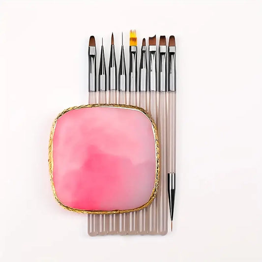 GV762 10pcs Nail Art Tool Set – Japanese Marble Resin Mixing Palette, Nail Brush Holder & Manicure Accessorie