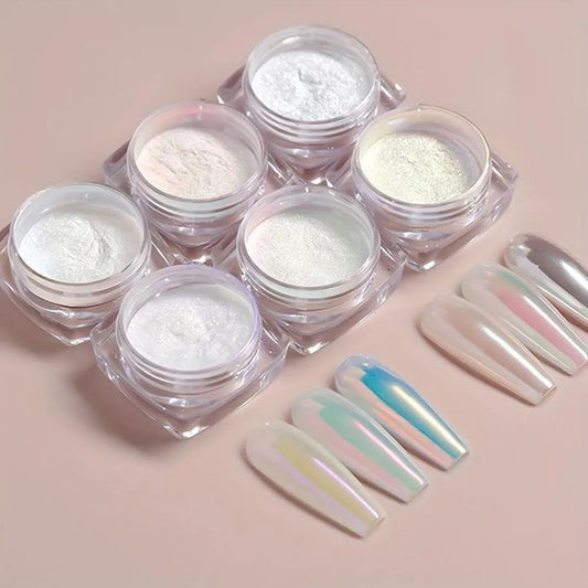 GV589 6 Colors Aurora Chrome Nail Powder Set – Holographic Pearl Pigment for Mirror & Iridescent Nail Art