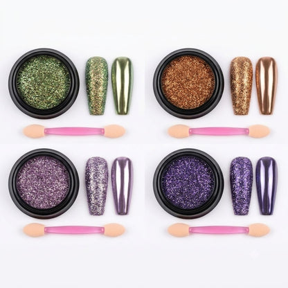 GV854 Transparent Chameleon Aurora Nail Powder – Glitter Chrome Pigment Set of 4