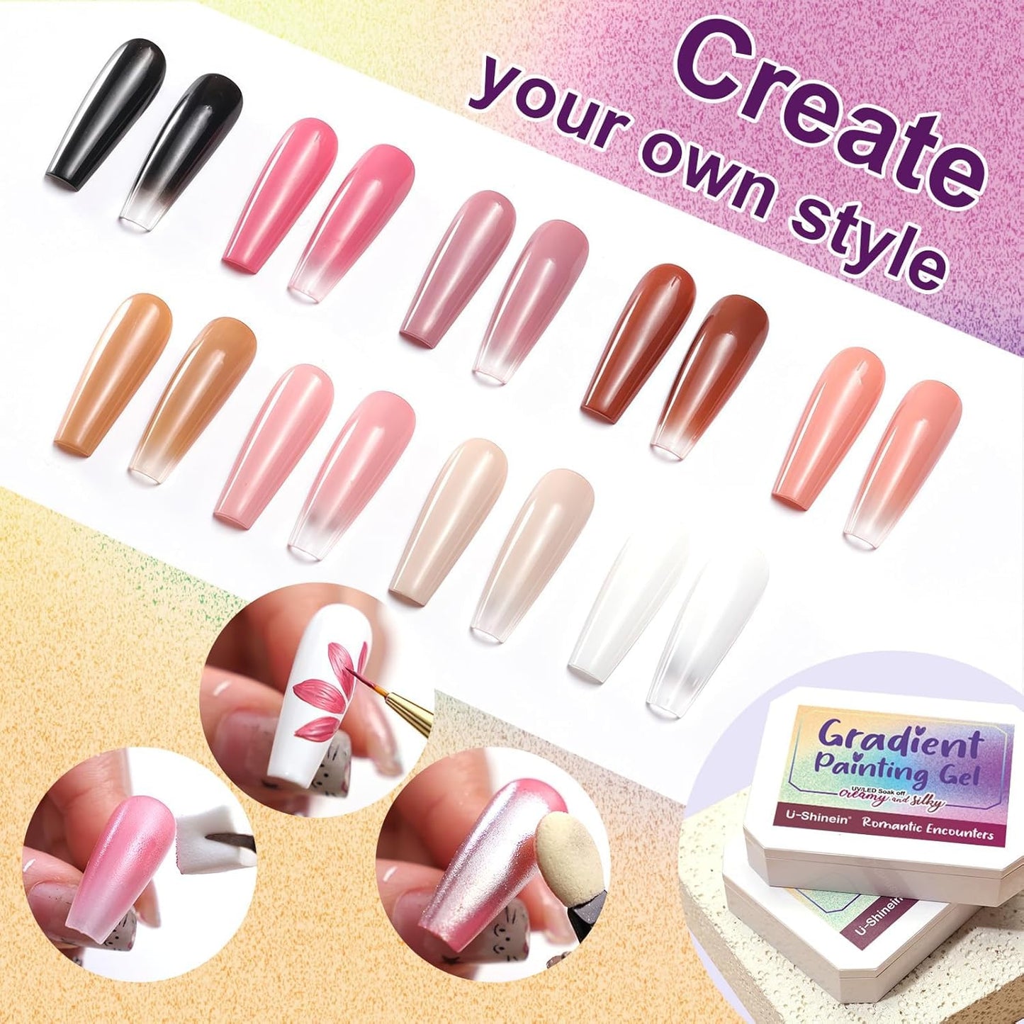 GV903 THR3E STROKES Ombre Gel Nail Polish with Nail Art Sponges for Pat Gel Ombre Color Palette Blush Effect Pat Painting Gradient Blooming Gels 9colors for Ombre Nails Multistyle French Manicure DIY