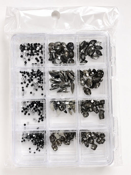 GV1148 Black & Smoky Grey Assorted Nail Art Rhinestones & Crystal Charms – 12-Compartment Set