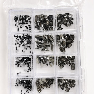 GV1148 Black & Smoky Grey Assorted Nail Art Rhinestones & Crystal Charms – 12-Compartment Set
