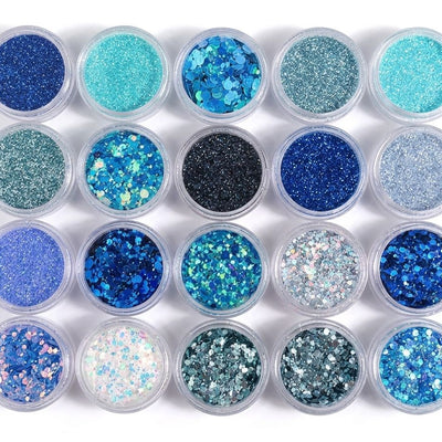 GV1093 Blue Glitter Nail Art Sequins Set – Mixed Holographic Glitter Flakes for Acrylic, Gel, Resin & DIY Nail Decorations (20 Pots)