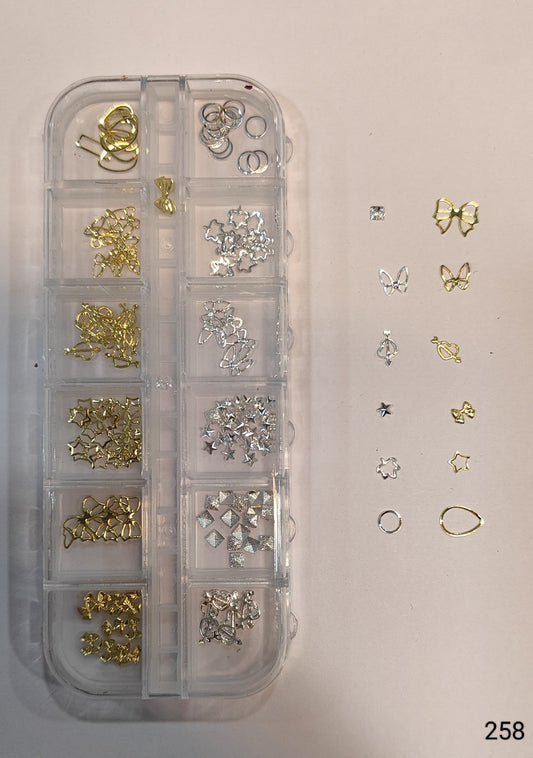 GV651 Gold and Silver Metal Nail Art Charms Assortment Kit - 12-Section Organizer with Stars, Bows, Butterflies, Hearts & More (258)