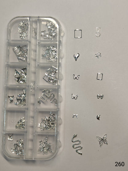 GV637 Silver Nail Charms Set – Butterfly, Snake, Heart, Moon & Bow Designs (260)