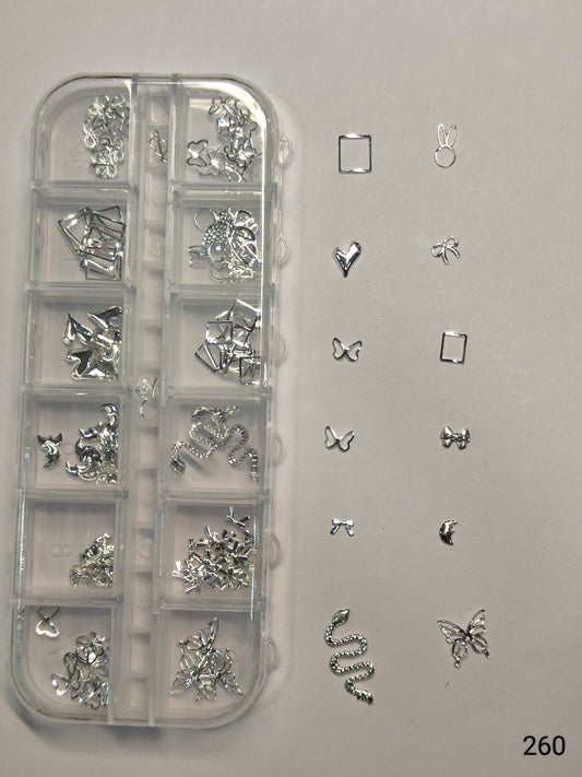 GV637 Silver Nail Charms Set – Butterfly, Snake, Heart, Moon & Bow Designs (260)