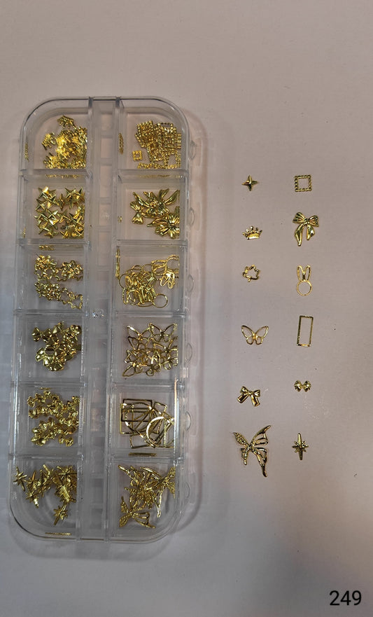 GV647 Gold Nail Charms Set – Butterflies, Bows, Crowns, Bunny Ears & Stars (249)