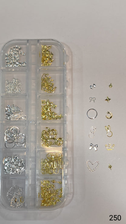 GV646 Gold & Silver Nail Charms Set – Stars, Moons, Crowns, Bows & Bunny Designs (250)