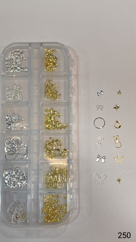 GV646 Gold & Silver Nail Charms Set – Stars, Moons, Crowns, Bows & Bunny Designs (250)
