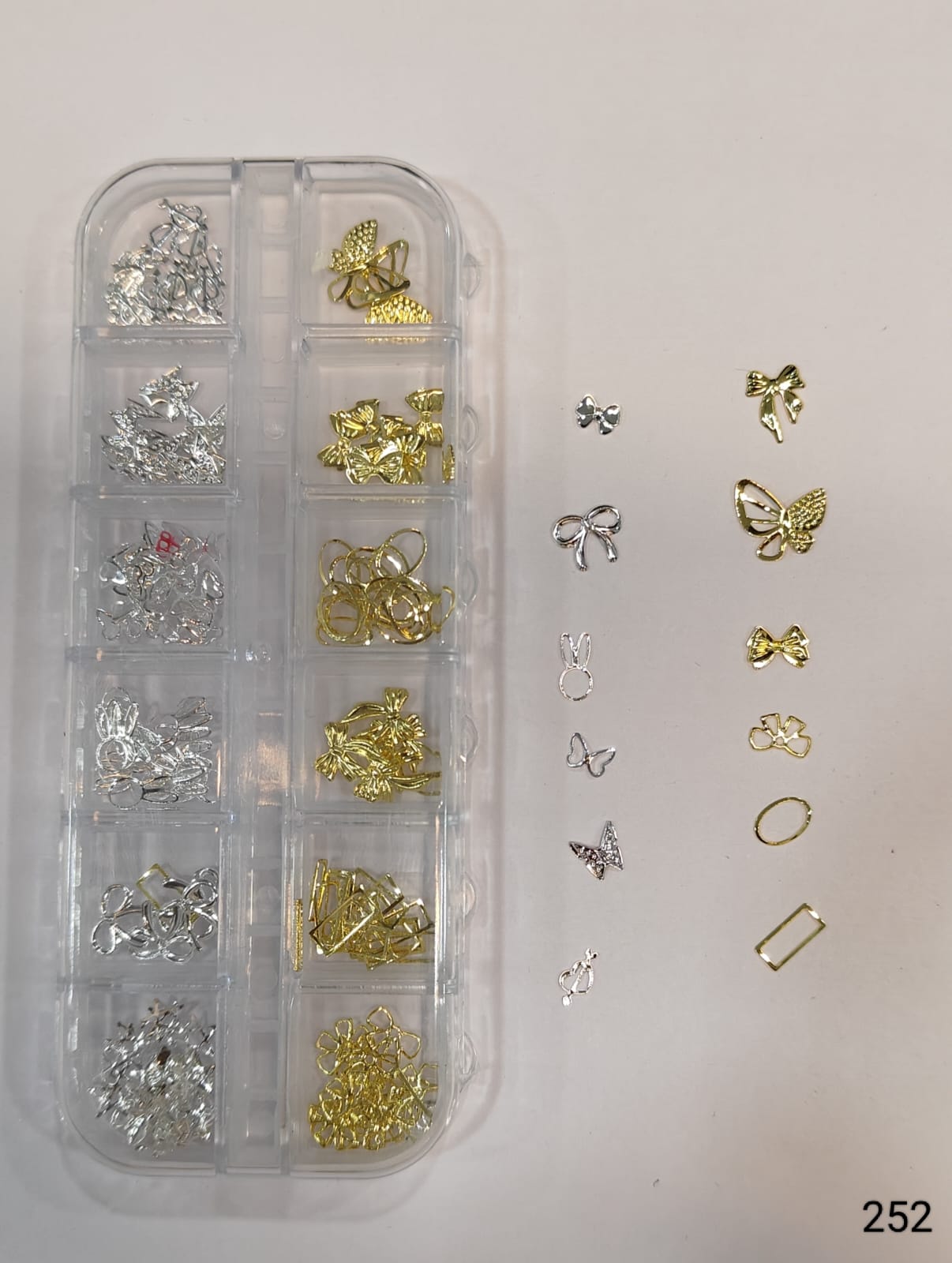 GV648 Silver & Gold Nail Charms Set – Bows, Butterflies, Bunny Ears & Frames (252)