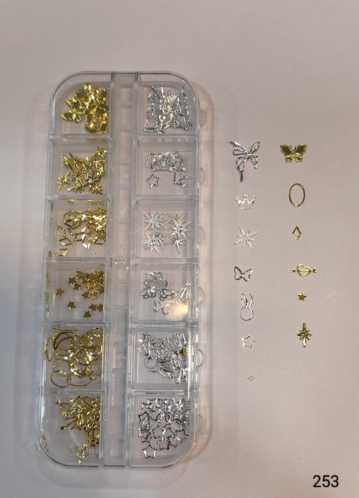 GV649 Silver & Gold Nail Charms Set – Stars, Crowns, Butterflies & Frames (253)