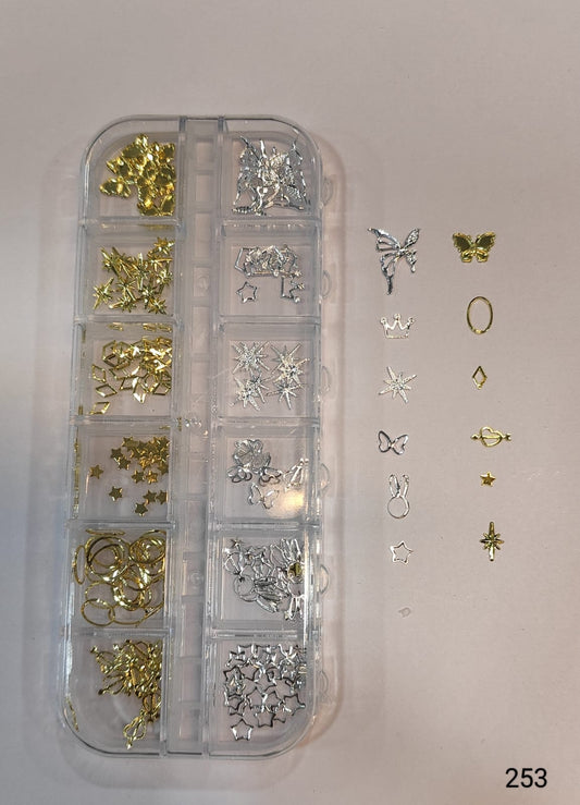 GV649 Silver & Gold Nail Charms Set – Stars, Crowns, Butterflies & Frames (253)