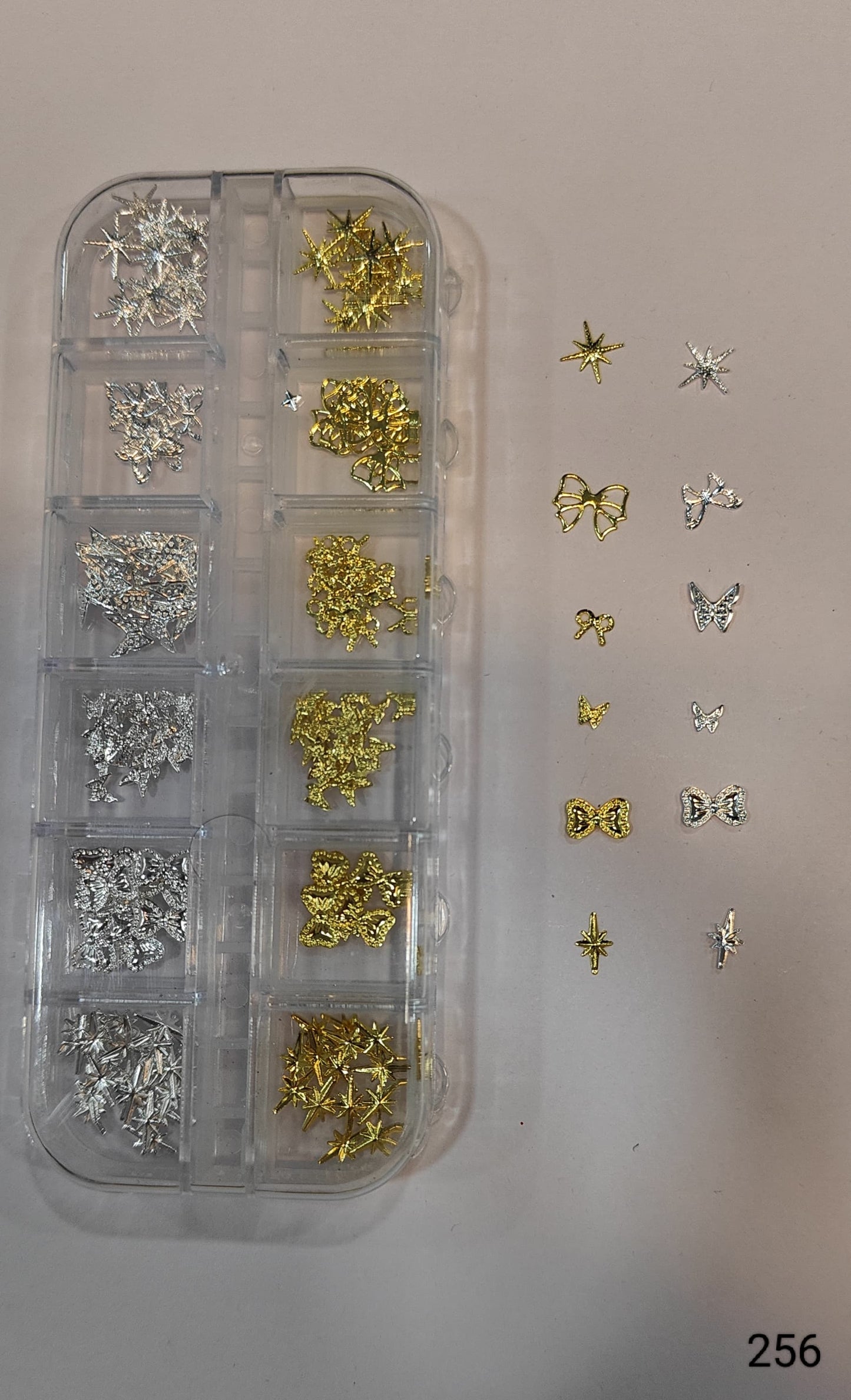 GV643 12 Grid Gold & Silver Nail Art Charms Set – 3D Metal Nail Decoration Box (256)