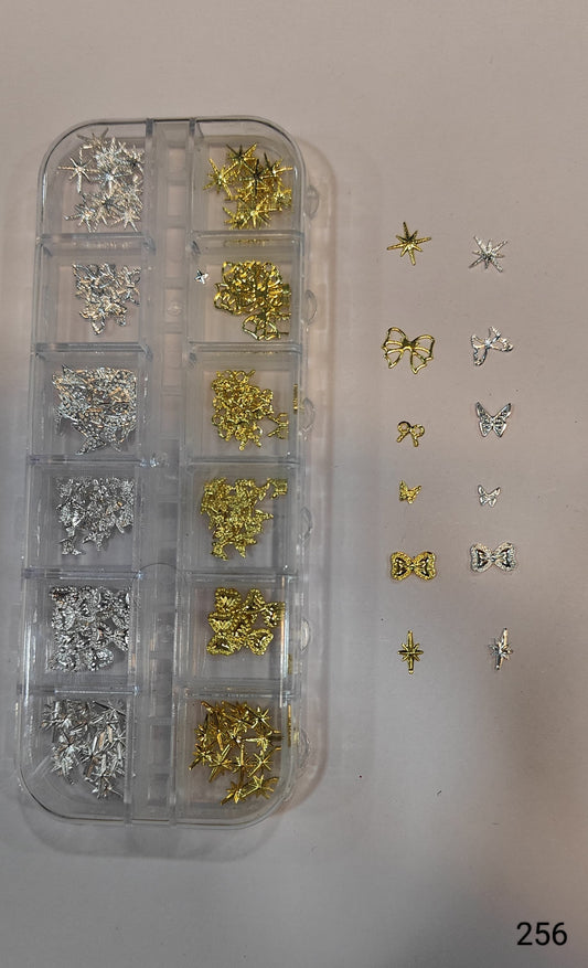 GV643 12 Grid Gold & Silver Nail Art Charms Set – 3D Metal Nail Decoration Box (256)