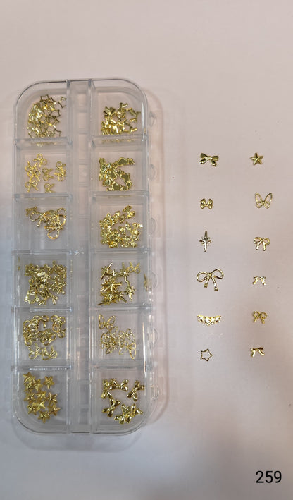 GV644 12 Grid Gold Metal Nail Charms Set – 3D Nail Art Decoration Box (259)