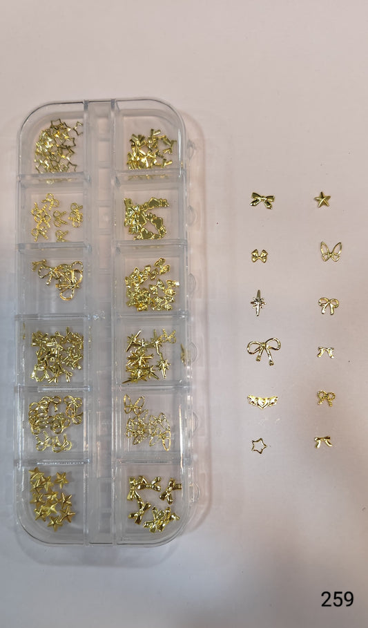 GV644 12 Grid Gold Metal Nail Charms Set – 3D Nail Art Decoration Box (259)