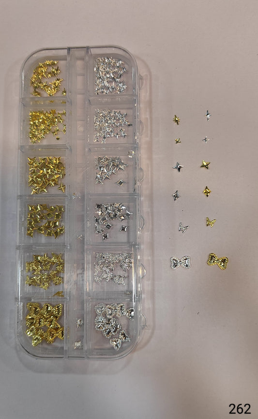 GV650 Silver & Gold Nail Charms Set – Stars, Bows, Butterflies & Geometric Mix (262)