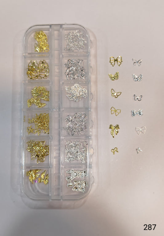 GV653 12 Grid Gold & Silver Butterfly Bow Nail Charms Set – 3D Nail Art Decoration Box (287)