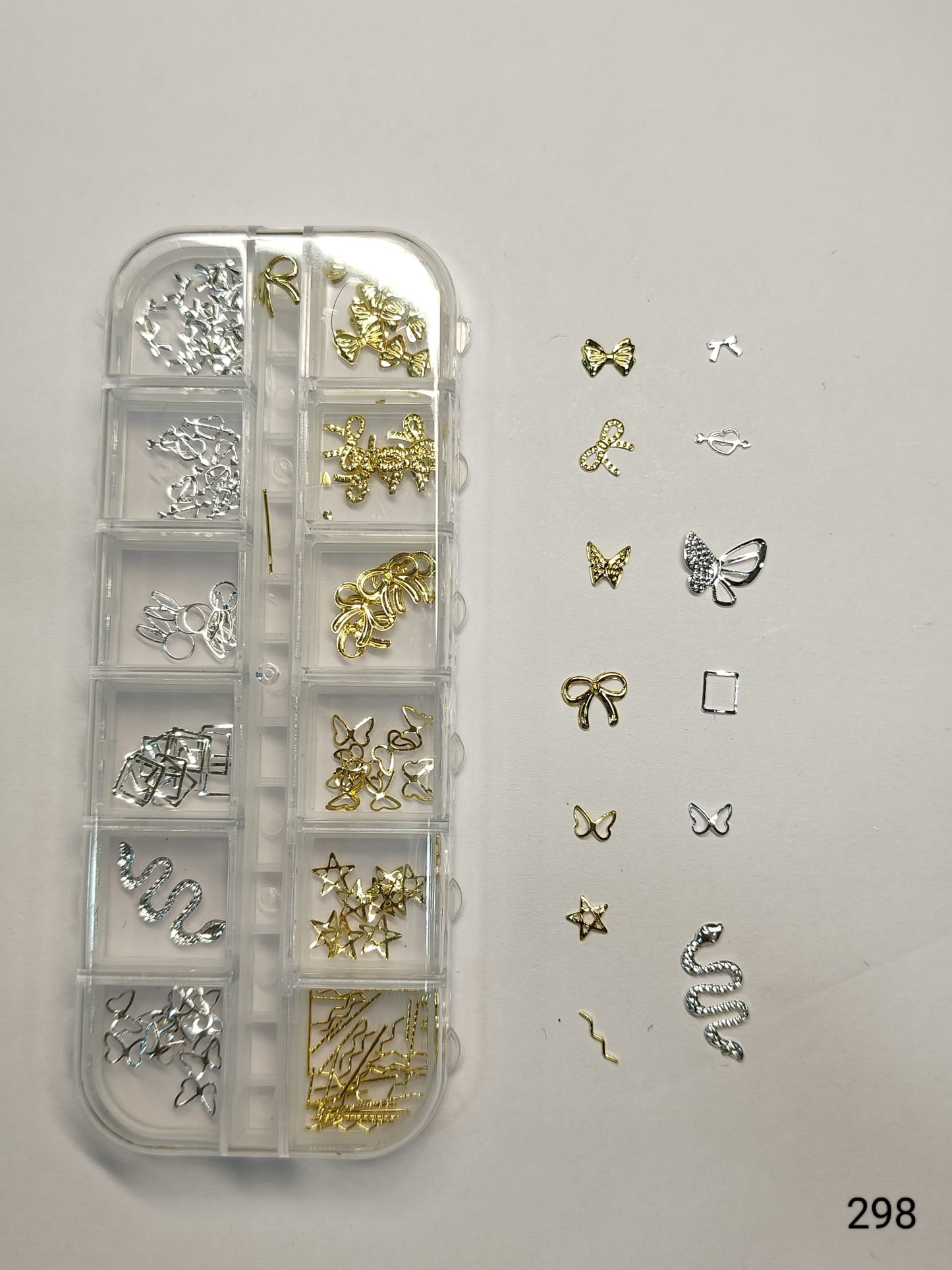 GV642 12 Grid Gold & Silver Nail Art Charms Set – 3D Metal Nail Decoration Box (298)