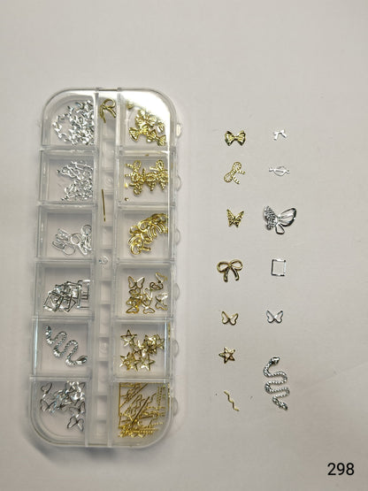 GV642 12 Grid Gold & Silver Nail Art Charms Set – 3D Metal Nail Decoration Box (298)